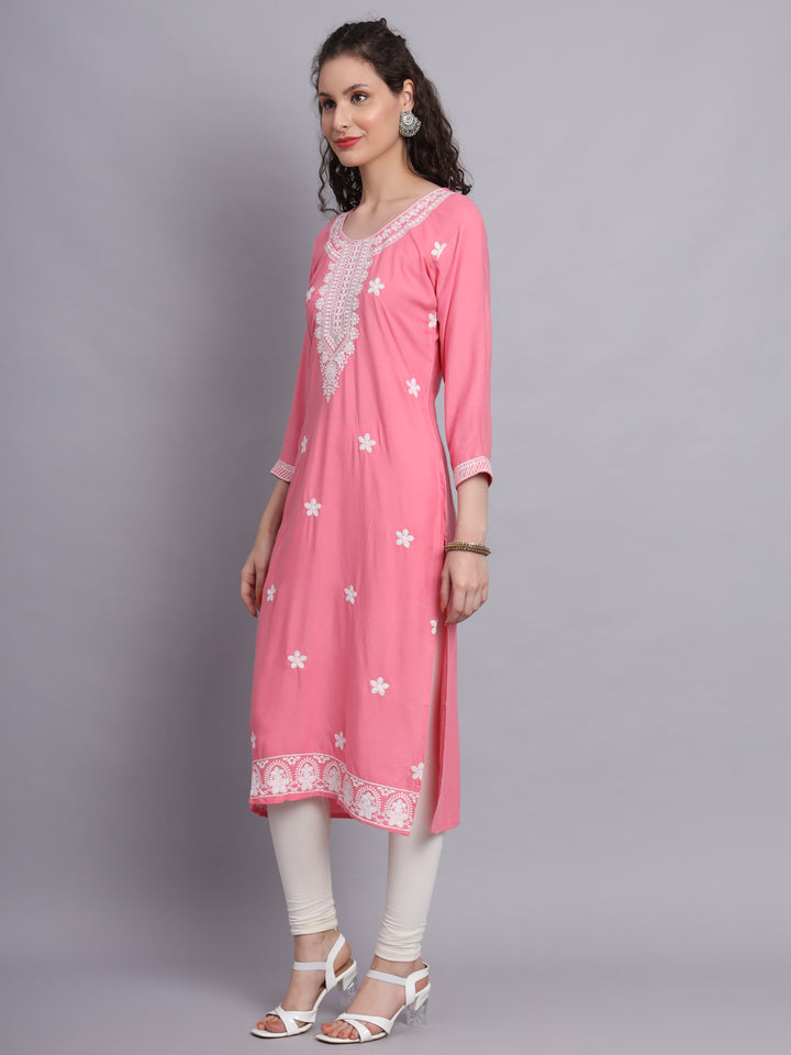 Lucknowi  Rayon  Embroidered Kurta | Long Chickenkari Kurti for Women