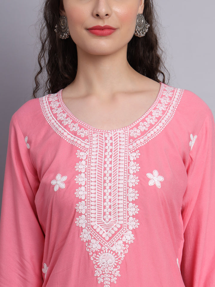 Lucknowi  Rayon  Embroidered Kurta | Long Chickenkari Kurti for Women