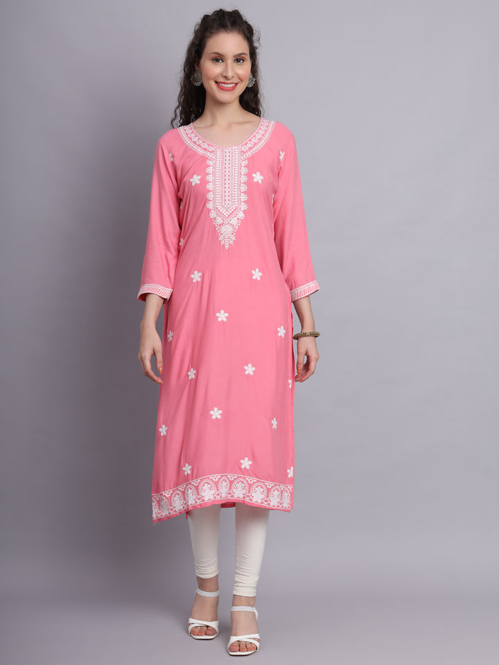 Lucknowi  Rayon  Embroidered Kurta | Long Chickenkari Kurti for Women