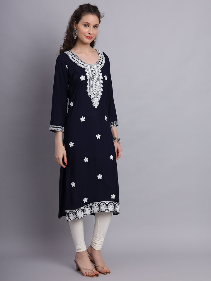 Lucknowi  Rayon  Embroidered Kurta | Long Chickenkari Kurti for Women