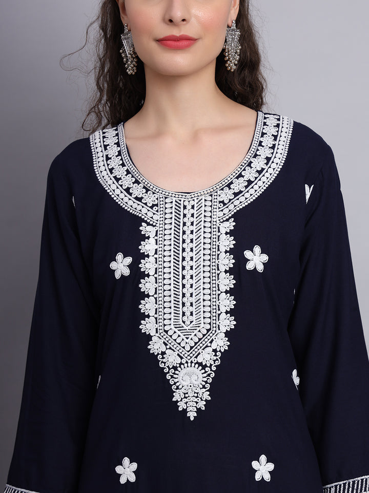 Lucknowi  Rayon  Embroidered Kurta | Long Chickenkari Kurti for Women