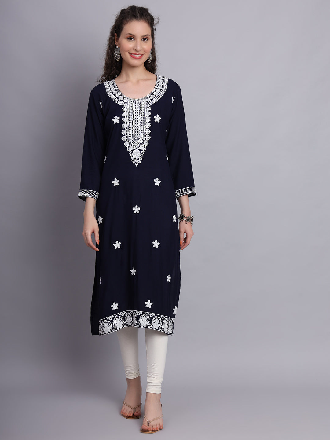 Lucknowi  Rayon  Embroidered Kurta | Long Chickenkari Kurti for Women