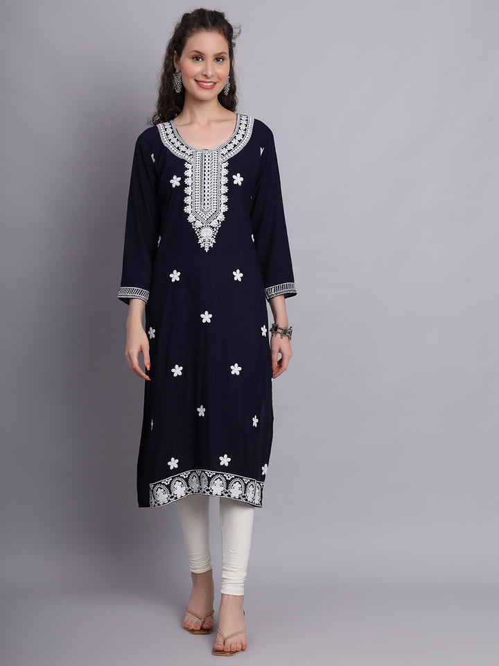 Lucknowi  Rayon  Embroidered Kurta | Long Chickenkari Kurti for Women