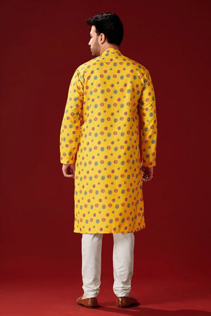 Men's Designer Printed Yellow Cotton Kurta Pajama Set | Traditional Wear