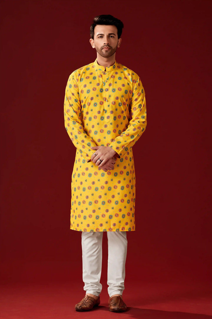 Men's Designer Printed Yellow Cotton Kurta Pajama Set | Traditional Wear
