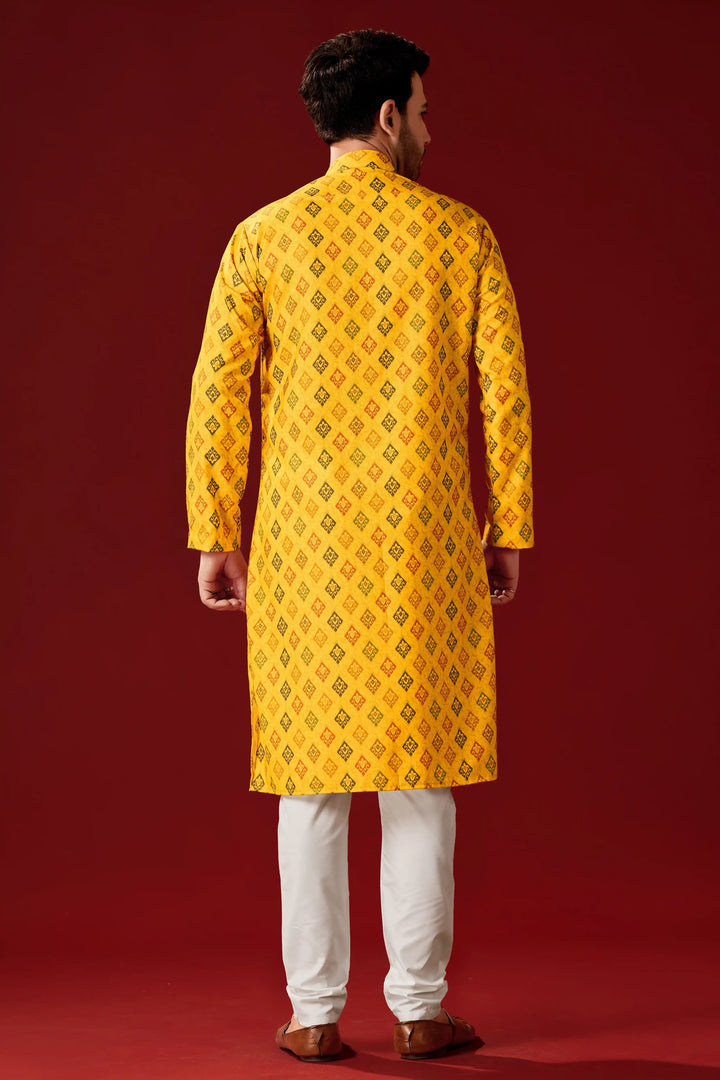 Yellow Solid Cotton Kurta Pajama Set for Men | Designer Printed Haldi Outfit