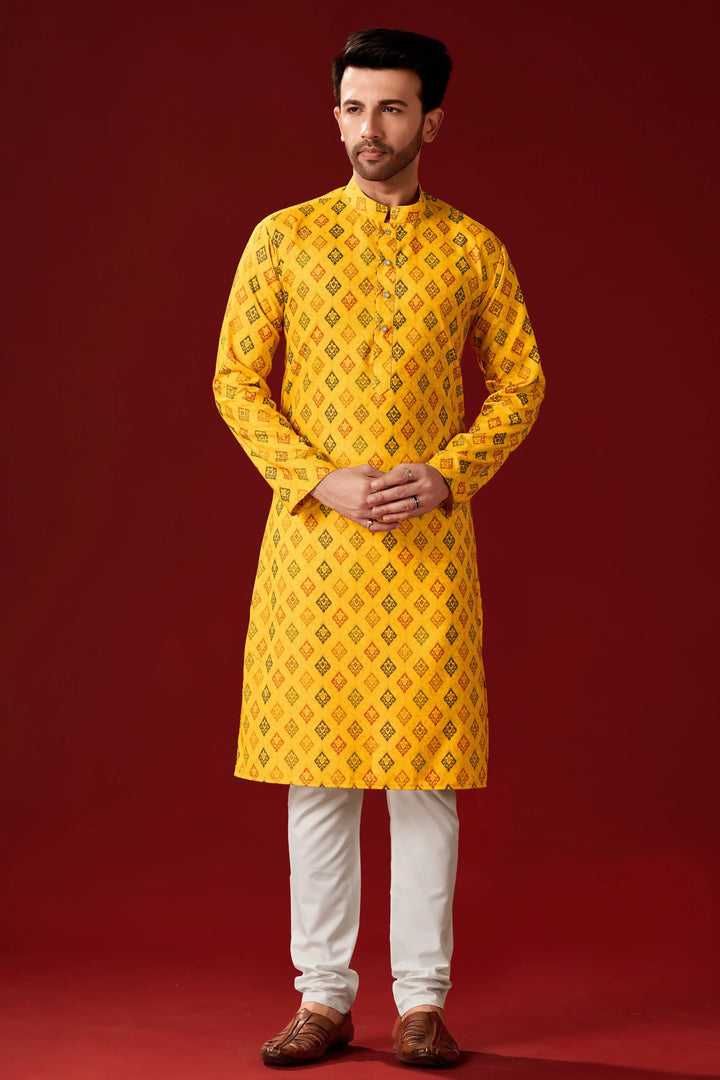 Yellow Solid Cotton Kurta Pajama Set for Men | Designer Printed Haldi Outfit