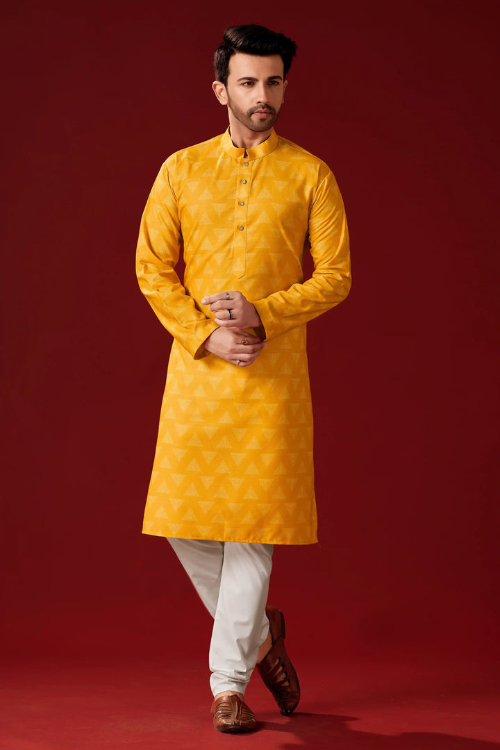 Stylish Yellow Cotton Kurta Pajama Set for Men | Haldi Celebration Wear