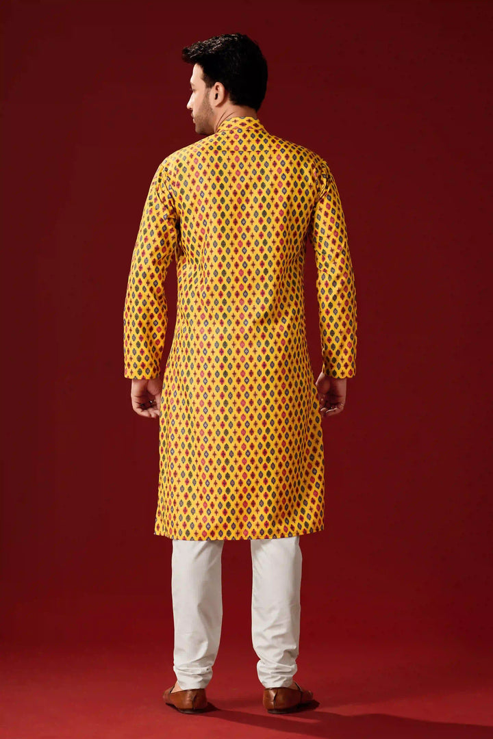 Mustard Yellow Cotton Kurta Pajama Set | Designer Printed Men's Wear
