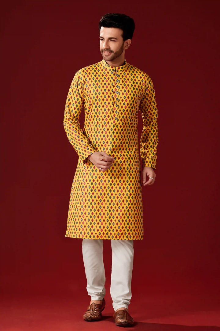 Mustard Yellow Cotton Kurta Pajama Set | Designer Printed Men's Wear