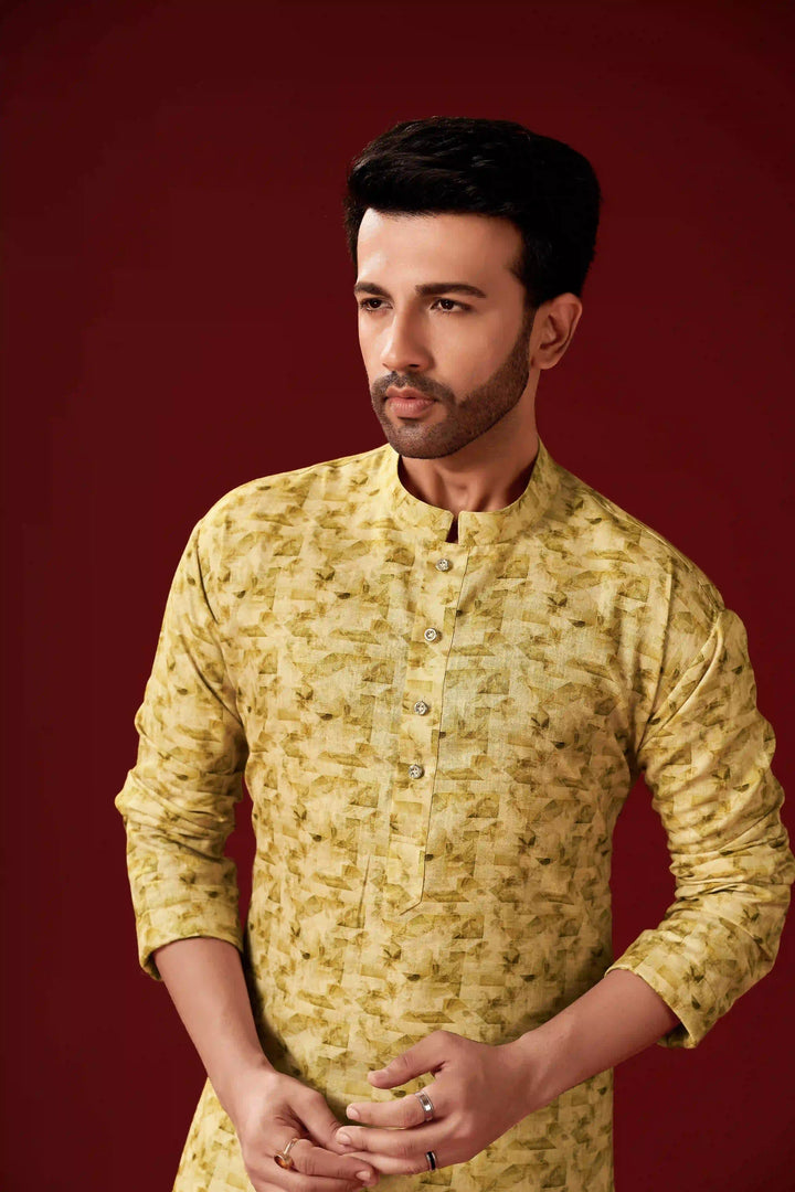 Light Yellow Cotton Kurta Pajama Set | Designer Printed Men's Wear