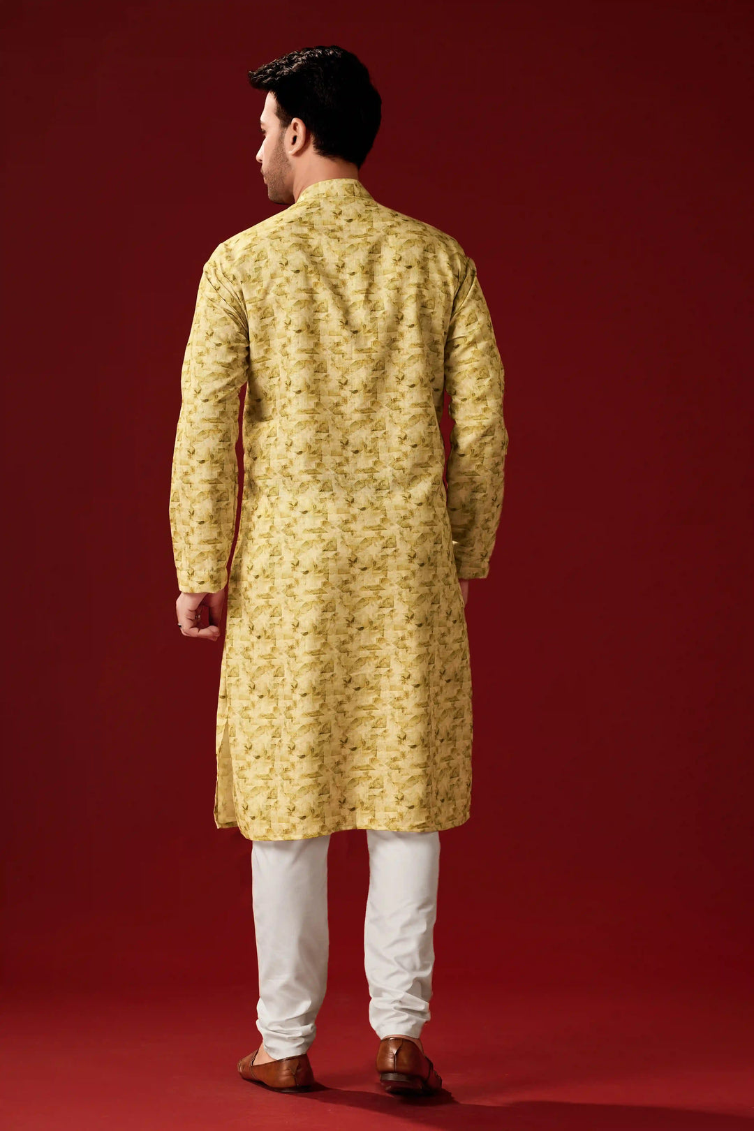 Light Yellow Cotton Kurta Pajama Set | Designer Printed Men's Wear