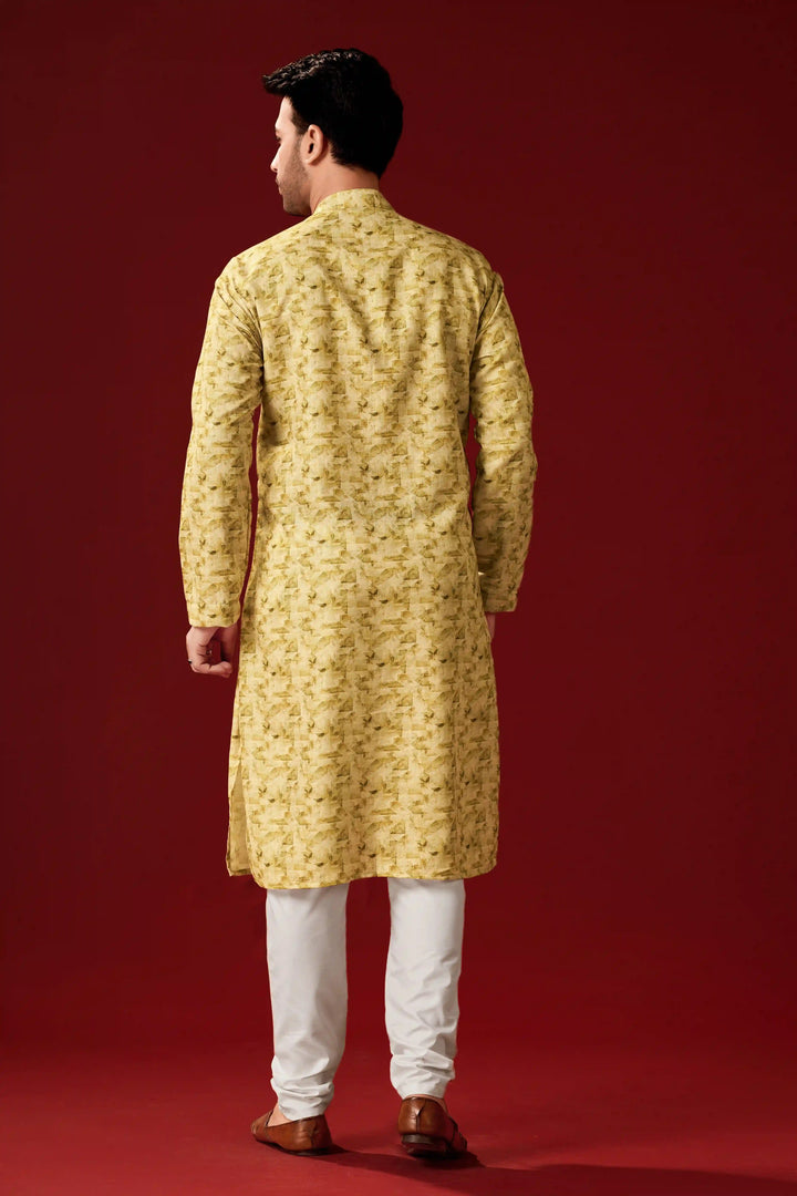 Light Yellow Cotton Kurta Pajama Set | Designer Printed Men's Wear
