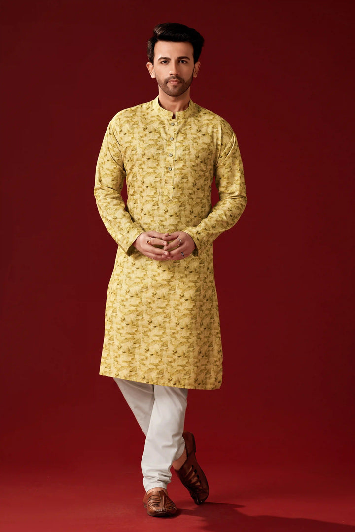Light Yellow Cotton Kurta Pajama Set | Designer Printed Men's Wear