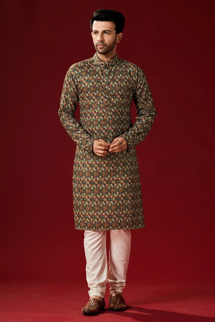 Multi-Color Designer Printed Cotton Kurta Pajama | Traditional Men's Wear