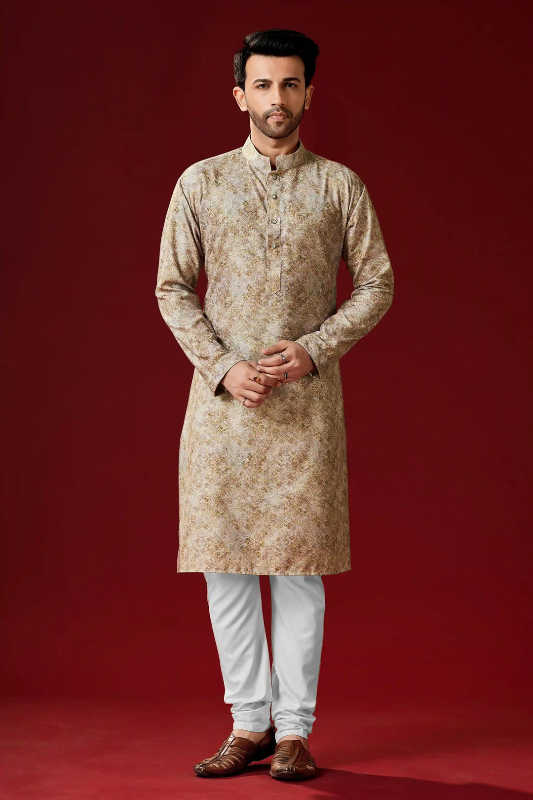 Beige Men's Cotton Kurta Pajama | Traditional Designer Printed Wear