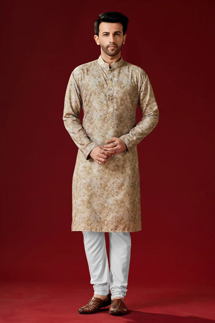 Beige Men's Cotton Kurta Pajama | Traditional Designer Printed Wear
