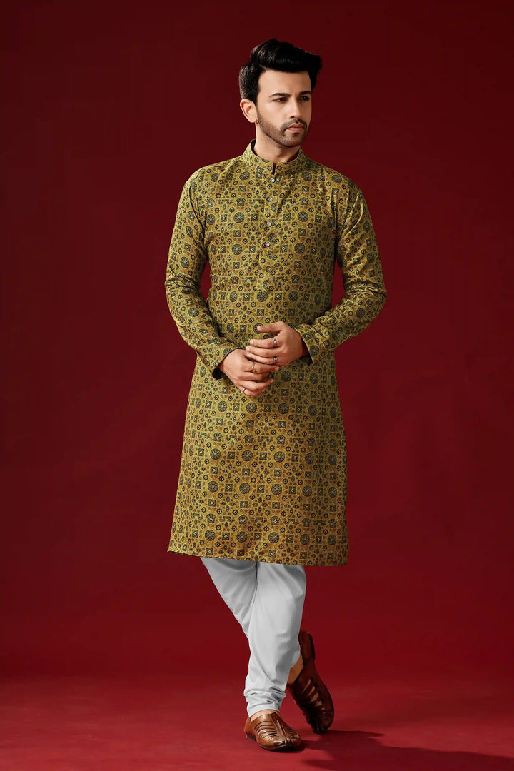 Olive Green Cotton Kurta Pajama Set | Designer Printed Men's Wear