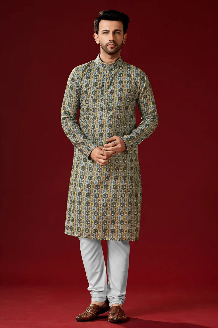 Grey Cotton Kurta Pajama Set | Designer Printed Men's Festive Wear