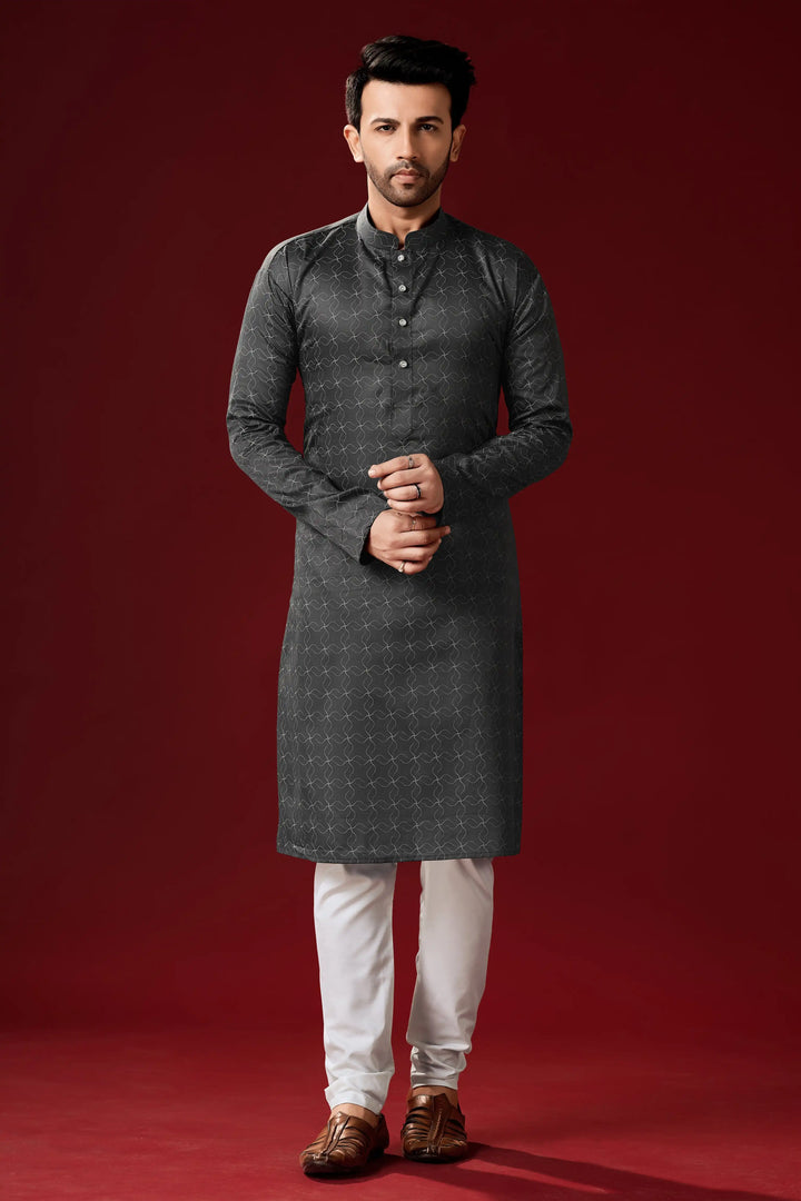Stylish Grey Kurta Pajama Set for Men | Designer Printed Cotton Set