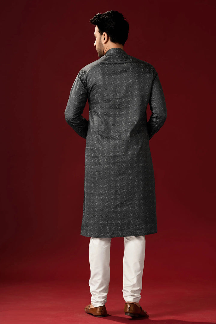 Stylish Grey Kurta Pajama Set for Men | Designer Printed Cotton Set