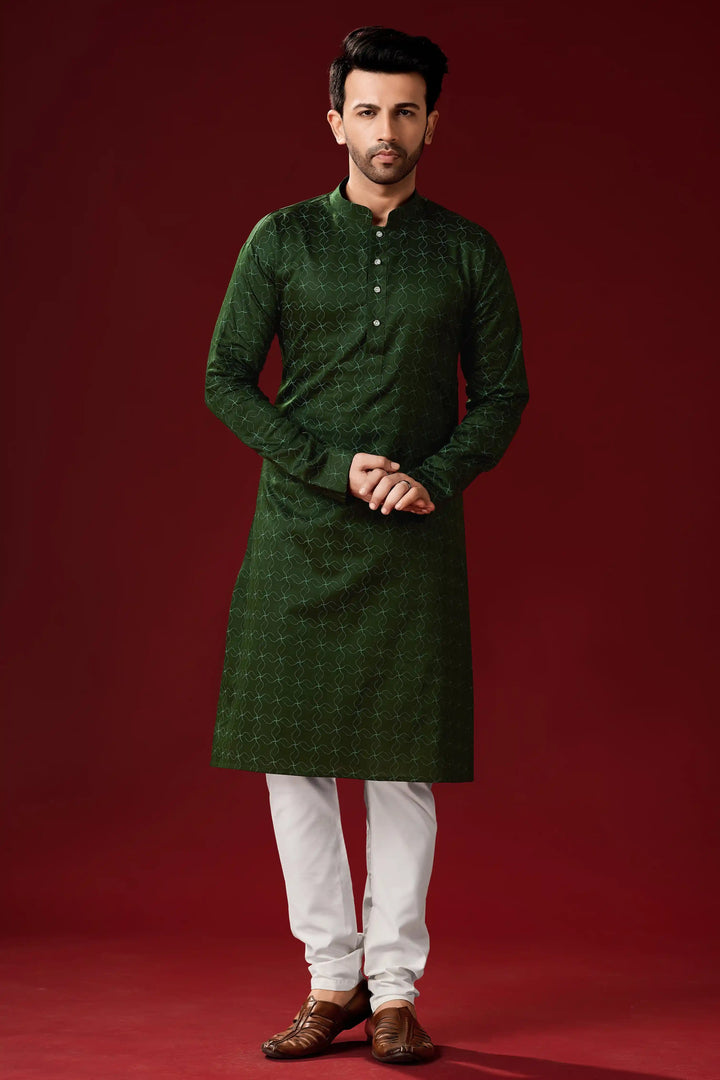Dark Green Cotton Kurta Pajama Set | Traditional Men's Wear