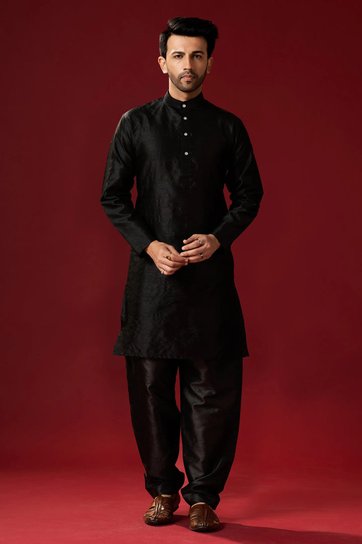 Stylish Black Men's Kurta Pajama Set | Premium Silk Fabric