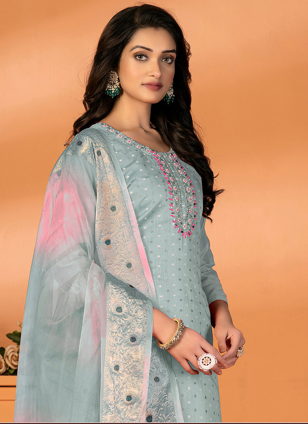 Elegant Embroidered Kurtis Set | Modal-Silk Top & Santoon Bottom for Festive Events