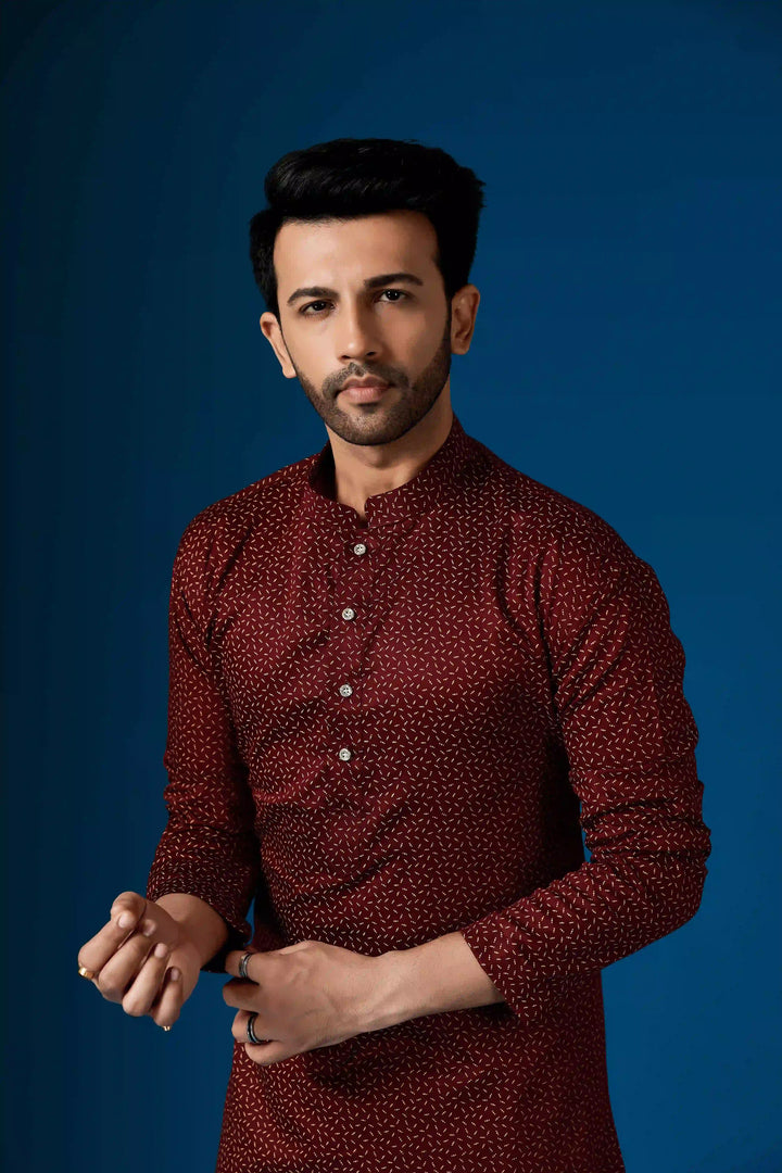 Maroon Cotton Kurta Pajama Set | Designer Printed Festive Wear