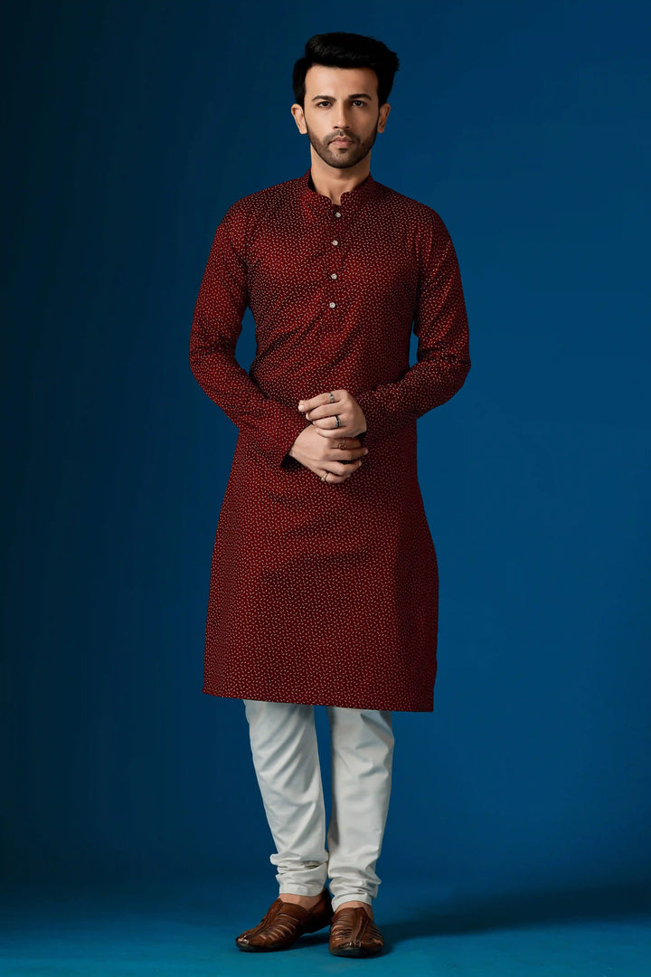 Maroon Cotton Kurta Pajama Set | Designer Printed Festive Wear