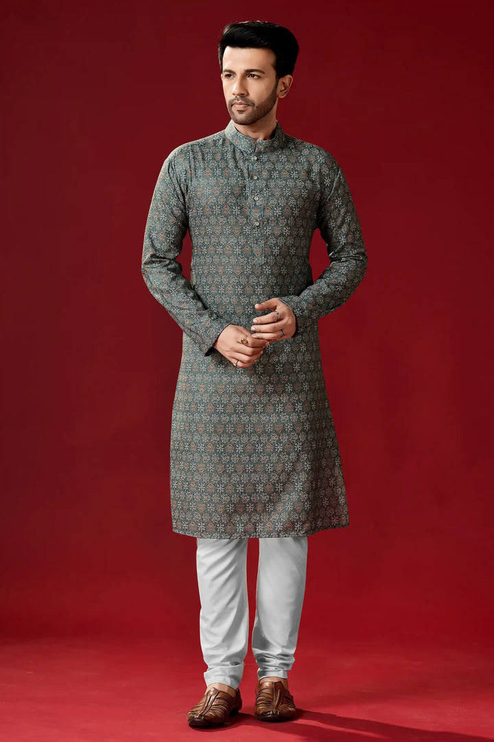 Designer Grey and Off-White Kurta Pajama Set | Festive Cotton Outfit