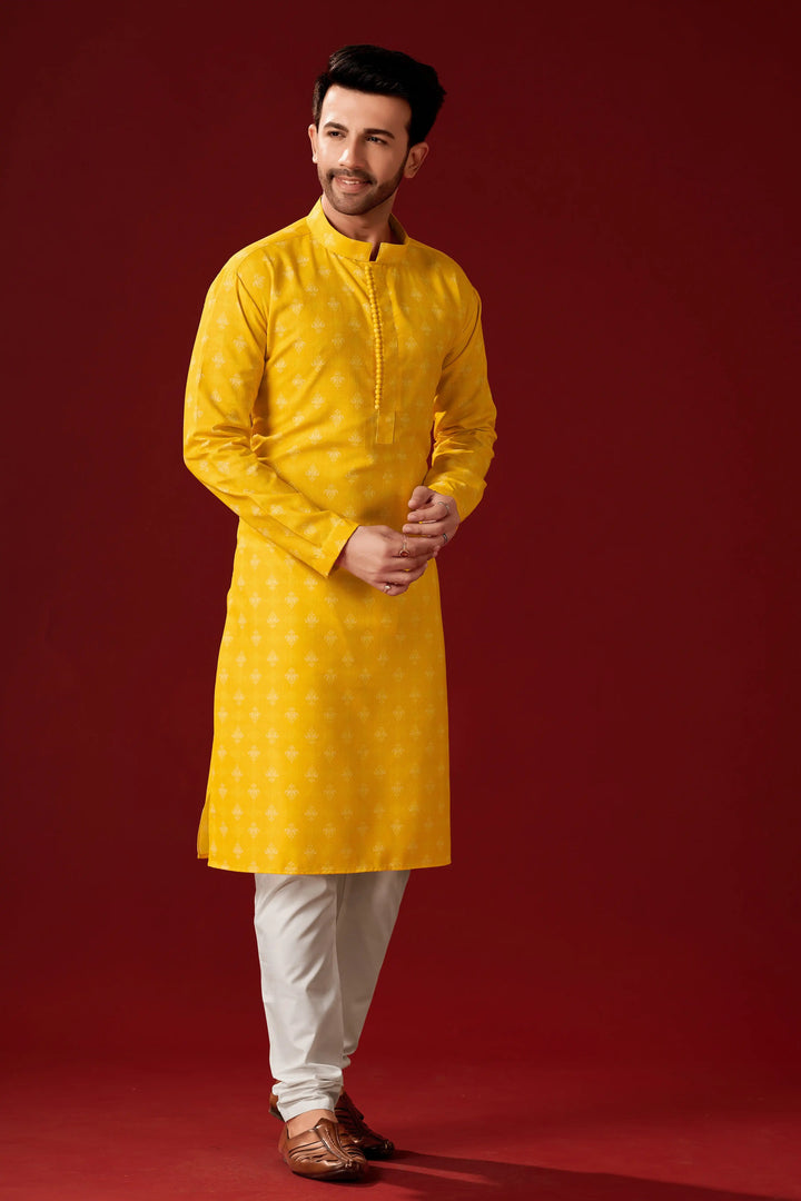 Yellow Kurta with Off-White Pajama | Traditional Cotton Kurta Set