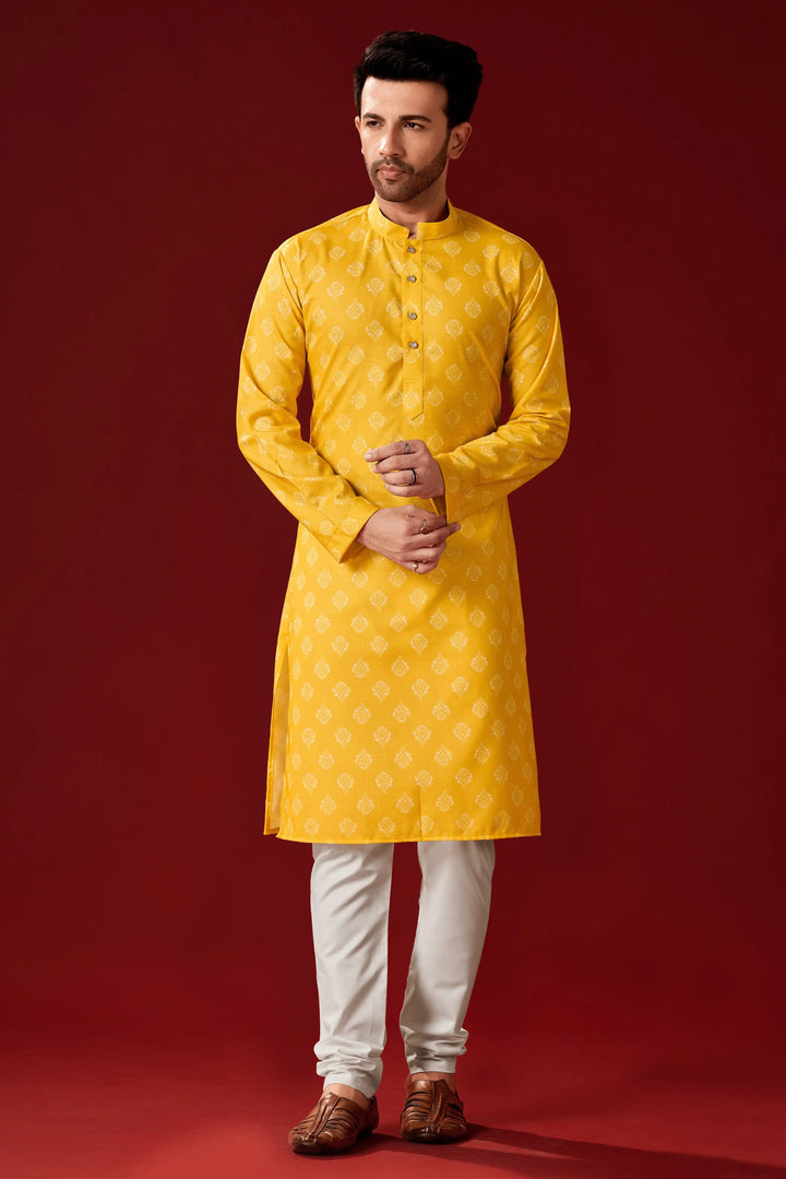 Yellow Cotton Kurta with Off-White Pajama | Designer Printed Set