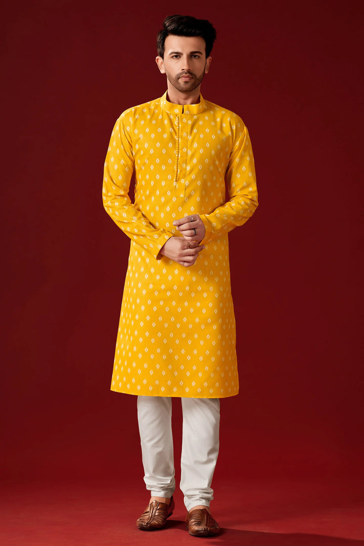 Haldi Yellow Kurta Pajama Set | Cotton Designer Printed Men's Set