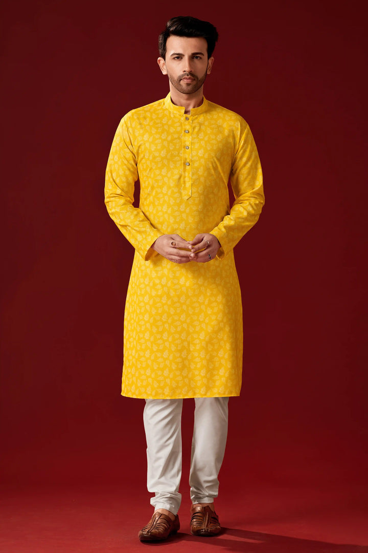 Yellow Designer Printed Kurta Pajama Set | Off-White Cotton Pajama
