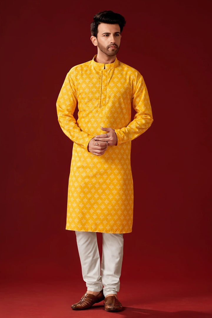 Designer Printed Yellow Kurta Pajama Set | Traditional Men’s Wear