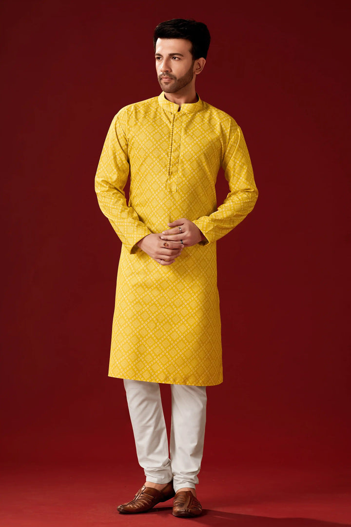 Designer Yellow Kurta Pajama for Men | Festive Cotton Kurta Set