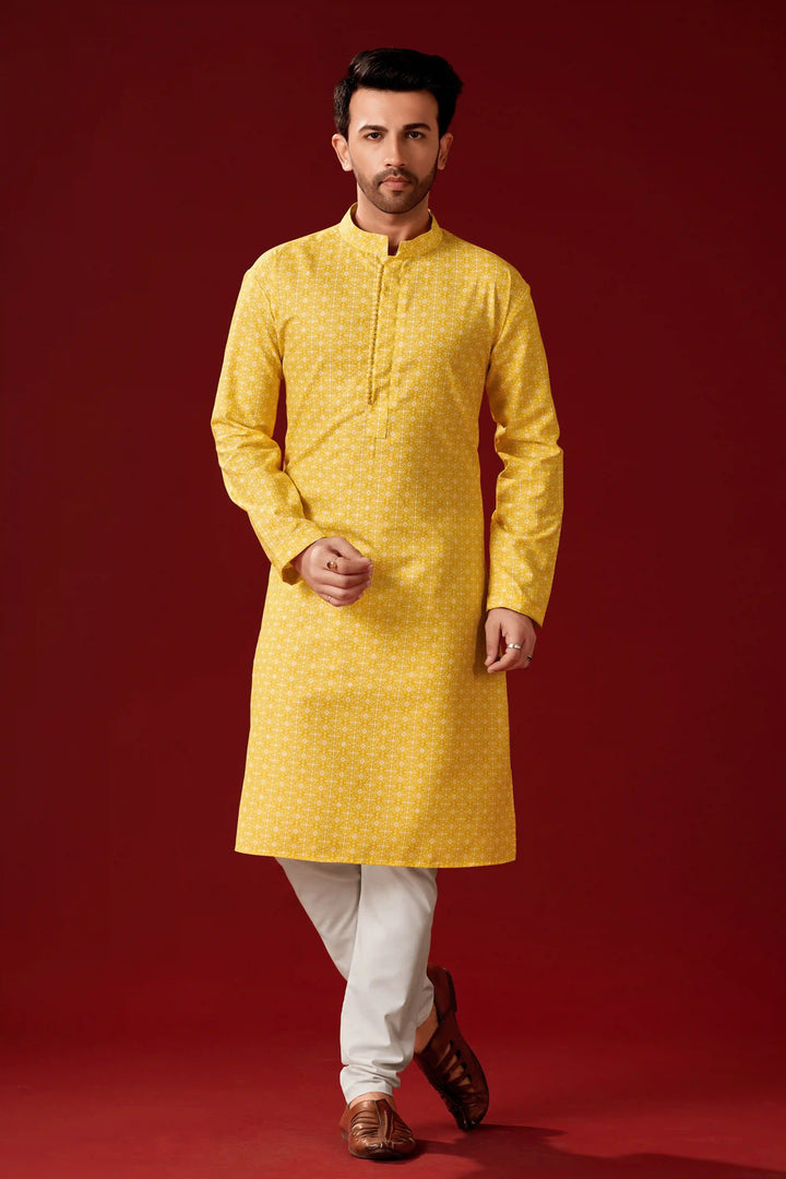 Men's Yellow Kurta Pajama Set | Traditional Embroidered Kurta Set