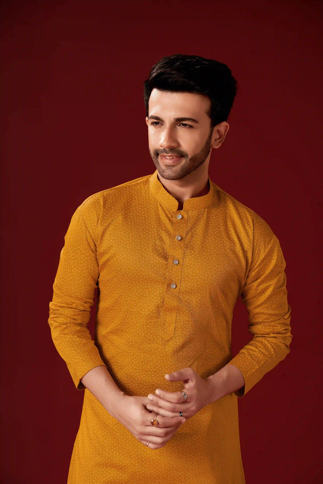Mustard Yellow Cotton Kurta Pajama Set | Designer Printed for Men