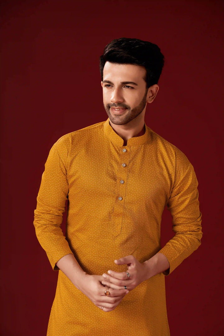 Mustard Yellow Cotton Kurta Pajama Set | Designer Printed for Men