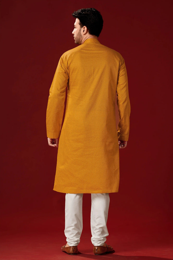 Mustard Yellow Cotton Kurta Pajama Set | Designer Printed for Men
