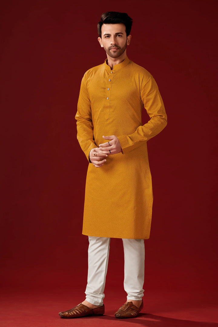 Mustard Yellow Cotton Kurta Pajama Set | Designer Printed for Men