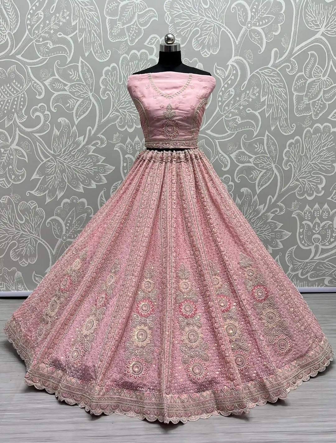 Elegant Organza & Net Lehenga | Intricate Thread & Diamond Embroidery