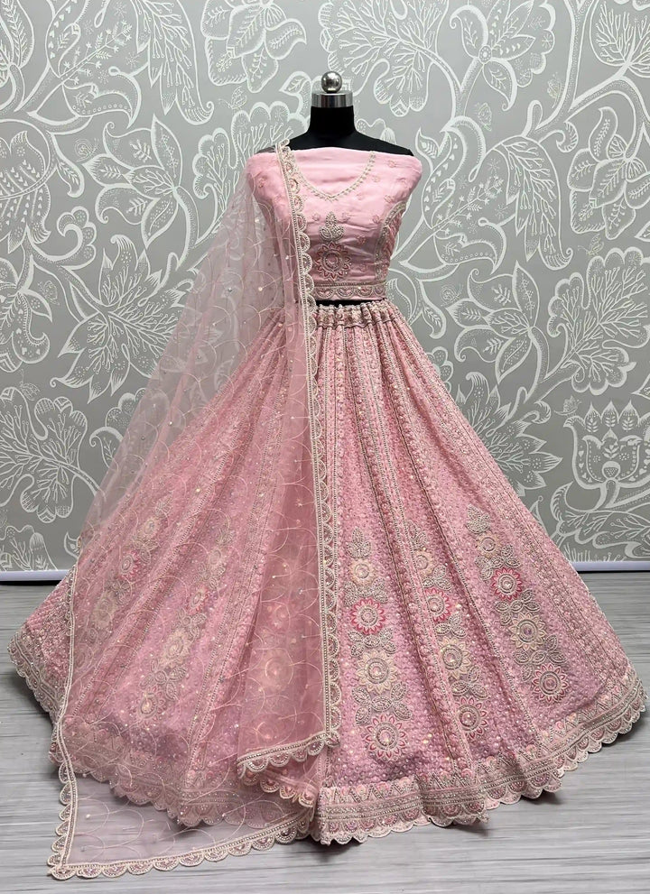 Elegant Organza & Net Lehenga | Intricate Thread & Diamond Embroidery