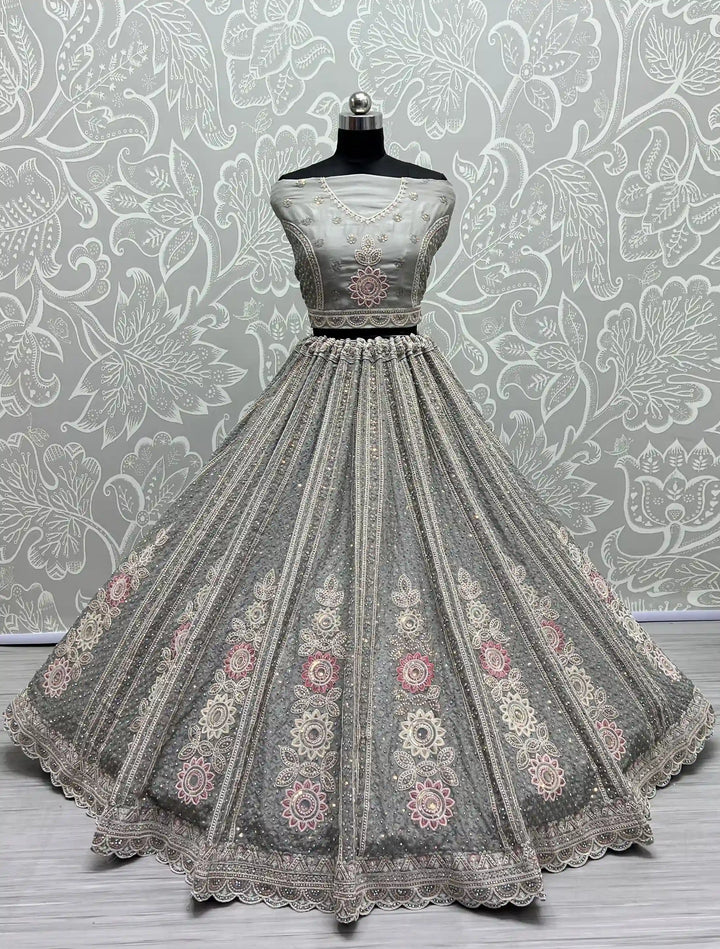 Elegant Organza & Net Lehenga | Intricate Thread & Diamond Embroidery