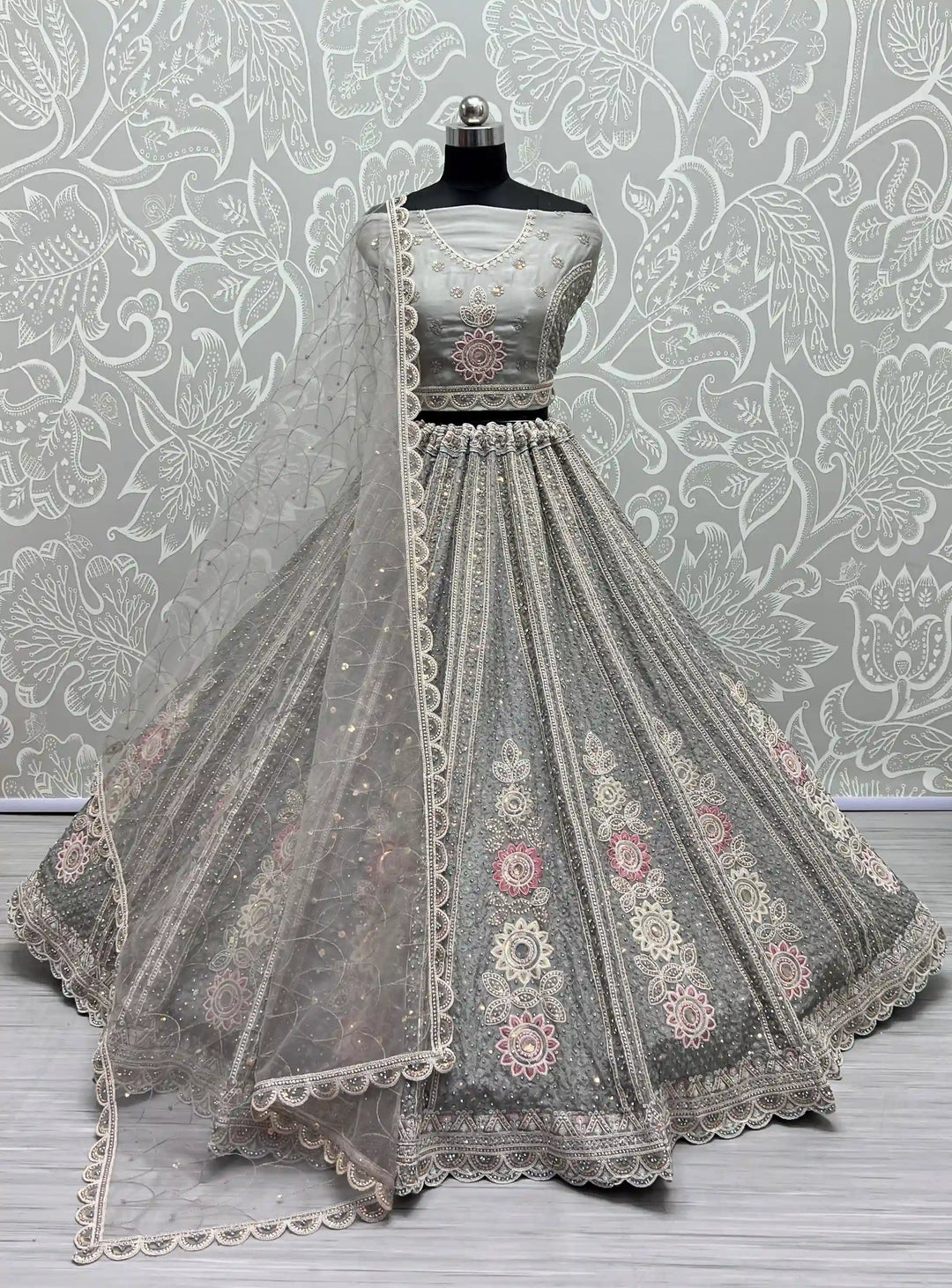 Elegant Organza & Net Lehenga | Intricate Thread & Diamond Embroidery