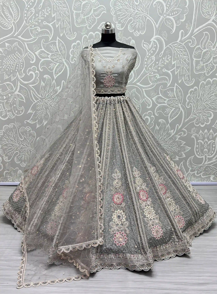 Elegant Organza & Net Lehenga | Intricate Thread & Diamond Embroidery