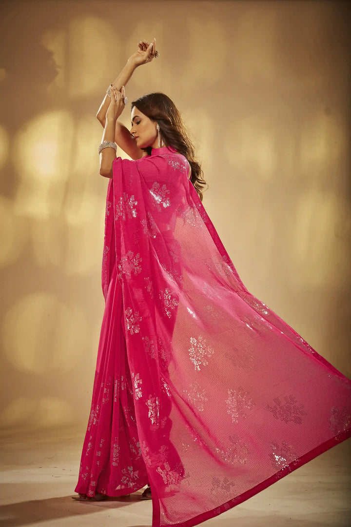 Elegant Heavy Sequin Embroidery Georgette Saree | Art-Silk Blouse for Reception & Party
