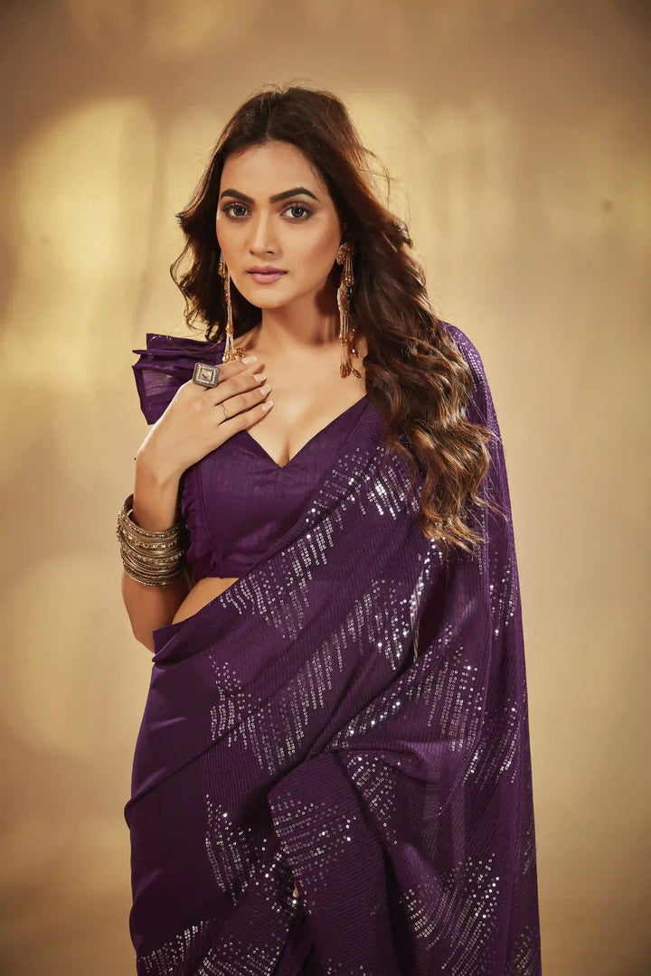 Elegant Georgette Saree | Sequin Embroidery & Art-Silk Blouse for Ceremonial Wear