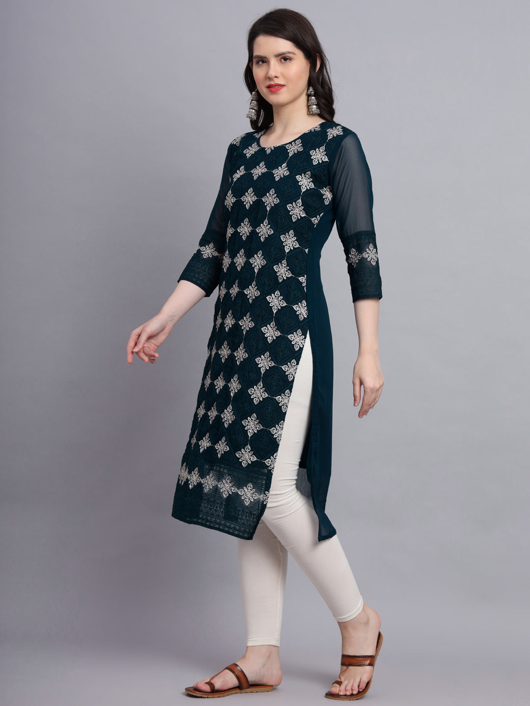 Embroidered Georgette Straight Kurta with Chikankari Work | Crepe Inner
